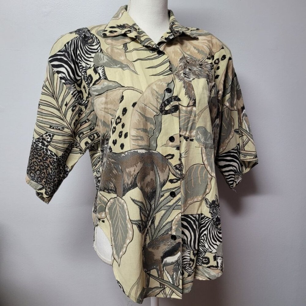 Rhapsody Safari Shirt Shoukder Pads Vintage Womens Medium Zebra Button Up Down